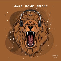 A hipster lion in headphones on a background of blots. Vector illustration