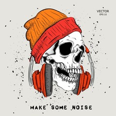 Portrait of a skull headphones and a hat. Can be used for printing on T-shirts, flyers, etc. Vector illustration