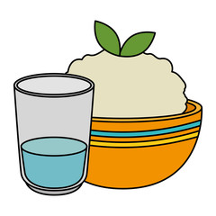 kitchen bowl with mashed potatoes and water glass