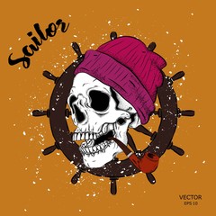 Portrait of a pirate skull in a hat. Can be used for printing on T-shirts, flyers, etc. Vector illustration