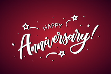 Happy Anniversary lettering card, banner. Beautiful greeting scratched calligraphy white text word stars. Hand drawn invitation print design. Handwritten modern brush red background isolated vector