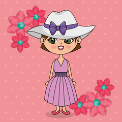 beautiful girl with floral frame kawaii character vector illustration design