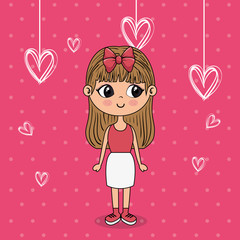 beautiful girl with hearts hanging kawaii character vector illustration design