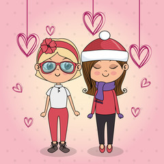 beautiful girls couple with hearts hanging kawaii vector illustration design