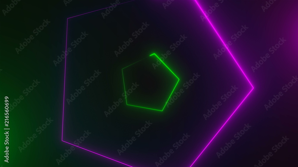 Poster many neon triangles in space, abstract computer generated backdrop, 3d rendering backdround