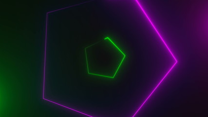 Many neon triangles in space, abstract computer generated backdrop, 3D rendering backdround