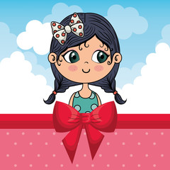 beautiful girl with clouds and bown ribbon vector illustration design