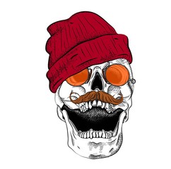 Portrait of a skull in a hat  in glasses and with a mustache. Can be used for printing on T-shirts, flyers, etc. Vector illustration