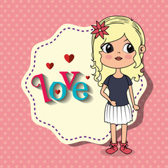 beautiful girl with love frame kawaii character vector illustration design