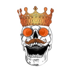 Portrait of a skull in a crown  in glasses and with a mustache. Can be used for printing on T-shirts, flyers, etc. Vector illustration