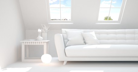 White room with sofa. Scandinavian interior design. 3D illustration