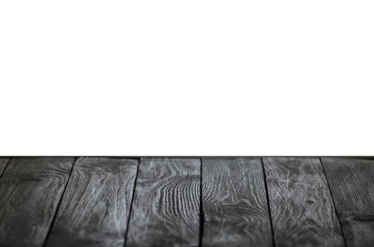Black Wood Shelf or Table Top Isolated on White Background. Blank for Your Layout