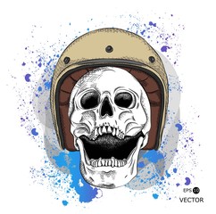 Portrait of a skull in retro motorcyclist helmet. Can be used for printing on T-shirts, flyers, etc. Vector illustration