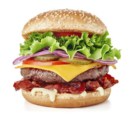 big fresh cheese burger isolated on white background - obrazy, fototapety, plakaty