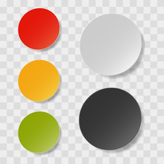 Vector realistic white and black, and color round sticker label mock up isolated.  Sticky note paper reminder templates. 3d paper circle sheet mockup illustration for your design.