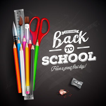 Back to school design with colorful pencil, pen and typography lettering on black chalkboard background. Vector illustration with ruler, scissors, paint brush for greeting card, banner, flyer