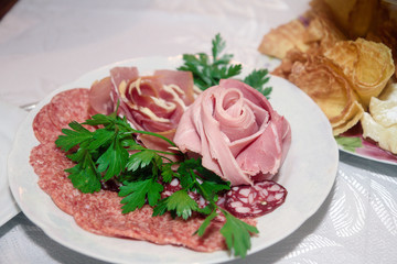 Meat sausage slices assortment on Party Plate