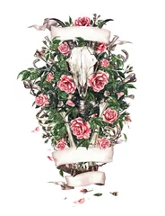 Poster Im Rahmen Animal Skull, Bones and Flowers. Watercolor Illustration. © nataliahubbert