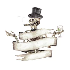 Fotobehang Menselijk skelet versierd met vaandel. Aquarel illustratie. © nataliahubbert