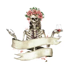Foto op Canvas Menselijk skelet versierd met bloemen en vaandel. Aquarel illustratie. © nataliahubbert