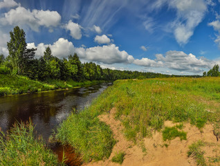 Partly cloudy on a Sunny day on the river Bank.