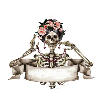Human Skeleton decorated with flowers and ribbon banner. Watercolor Illustration.