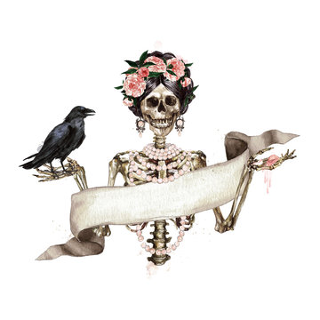 Human Skeleton decorated with flowers and ribbon banner. Watercolor Illustration.