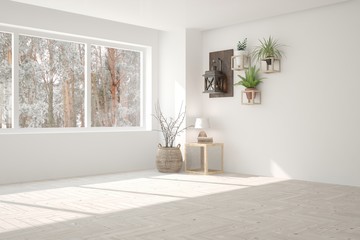 White empty room with winter landscape in window. Scandinavian interior design. 3D illustration