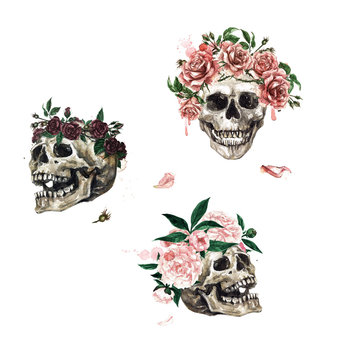 Human Skulls decorated with Flowers. Watercolor Illustration.