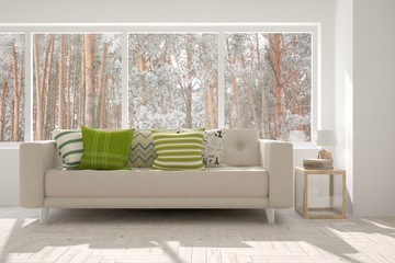 Idea of white minimalist room with sofa. Scandinavian interior design. 3D illustration