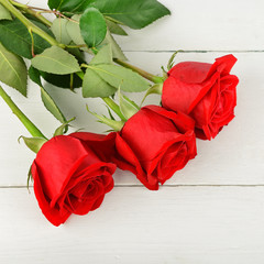 Beautiful red roses on a white wooden background. Flat lay, top view.