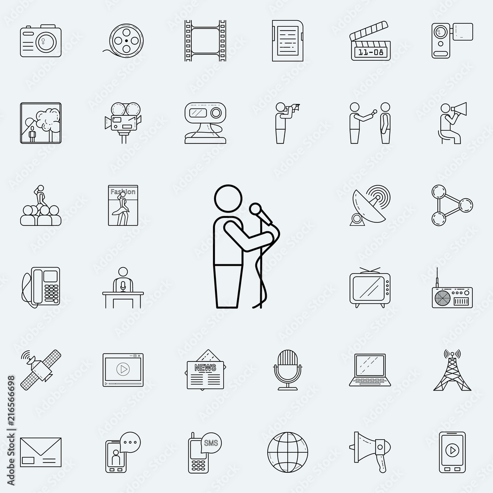 Poster presenter with microphone icon. detailed set of media icons. premium quality graphic design sign. on