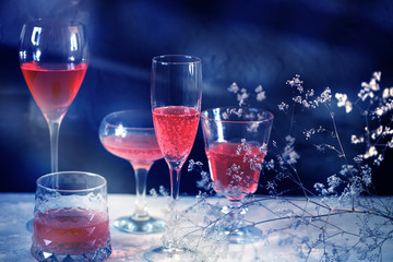 glasses with pink champagne.a lot of glasses filled with pink champagne
