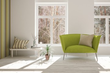 Inspiration of white minimalist room with armchair. Scandinavian interior design. 3D illustration