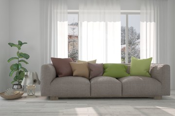 Fototapeta premium Idea of white minimalist room with sofa. Scandinavian interior design. 3D illustration