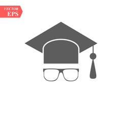 Graduation Cap with glass. Vector. Blackish icon on white background.