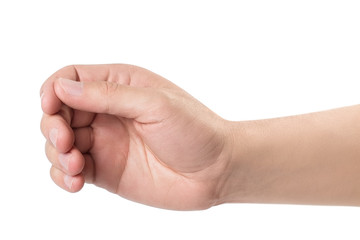 A hand holding something very small, isolated on white background