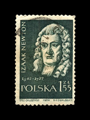 Isaac Newton (1642-1727), famous scientist, explorer, physicist, mathematician, mechanic, astronomer, circa 1959. vintage canceled postal stamp printed in Poland isolated on black background