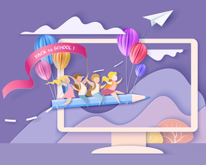 Back to school 1 september card. Monitor screen with mountains, trees, waterfall and children flying on pencil. Paper cut style. Vector illustration