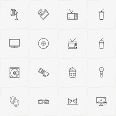 Cinema line icon set with microphone, red carpet and loudspeaker