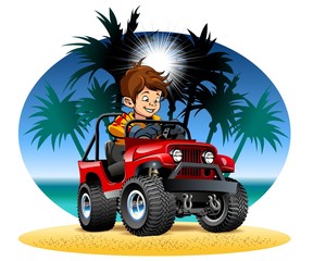 Vector cartoon boy driving 4x4 car on the beach © Mechanik