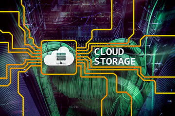 Cloud data storage concept on server room background.