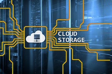 Cloud data storage concept on server room background.