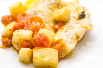 fish dish, cod with tomato, potatoes and capers, cooked in a pan.