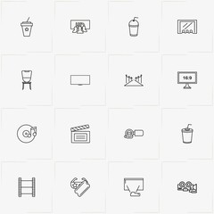 Cinema line icon set with television, video camera and red carpet