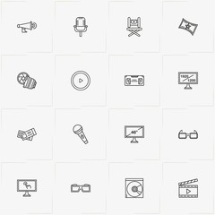 Cinema line icon set with compact disk, camera lens  and cinema spectacle