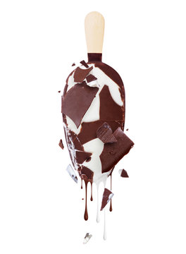 Chocolate And Milk Drip From Melted Ice Cream On White Background