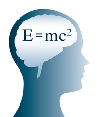 Einstein formula in brain shape and silhouette of a head. E=mc2 in physics is the formula for mass energy equivalence. Anything that have mass has an equivalent amount of energy and vice versa. Vector