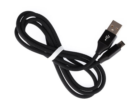 Black USB cable for smartphone isolated on white background.