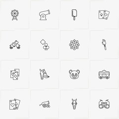 Circus line icon set with cannon , panda and game cards
